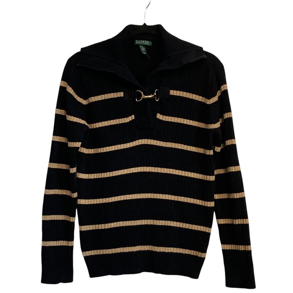 Ralph Lauren Black & Gold Metallic Striped Shawl Collar Buckle Sweater sz XL - Picture 1 of 13